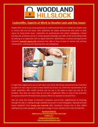 Locksmiths- Experts at Work to Resolve Lock and Key issues