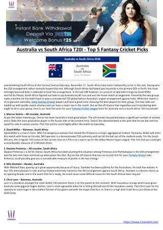 Australia vs South Africa T20I - Top 5 Fantasy Cricket Picks