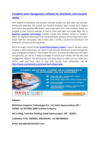 Complete asset management software for distributor and investors choice
