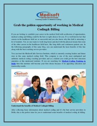 Grab the golden opportunity of working in Medical Coding& Billing