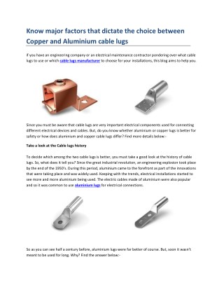 Know major factors that dictate the choice between Copper and Aluminium cable lugs