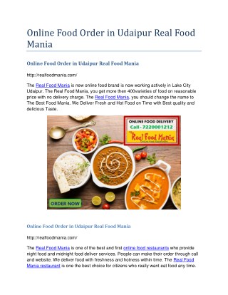 Online Food Order in Udaipur Real Food Mania