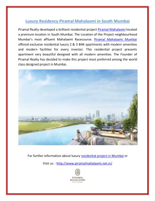 Exclusive apartments Piramal Mahalaxmi South Mumbai