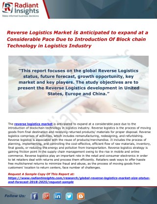 Reverse Logistics Market is anticipated to expand at a Considerable Pace Due to Introduction Of Block chain Technology i