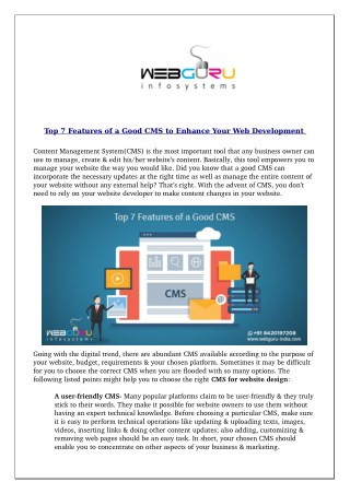 Top 7 Features of a Good CMS to Enhance Your Web Development