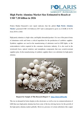 High Purity Alumina Market Size Estimated to Reach at USD 7.20 billion in 2026