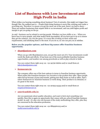 List of Business with Low Investment and High Profit in India