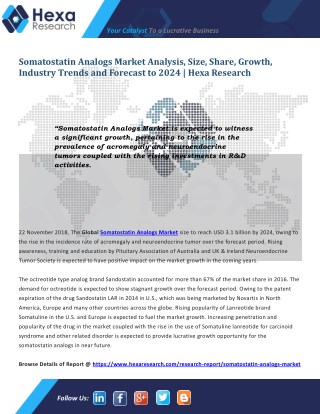 Research Insights on Global Somatostatin Analogs Market Size, Growth and Forecast to 2024