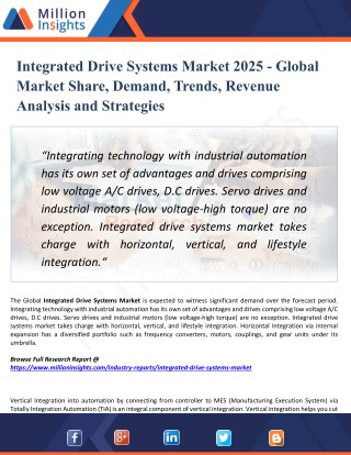 Integrated Drive Systems Market 2018 - Global Market Outlook, Demand, Key Manufacturers and 2025 Forecast