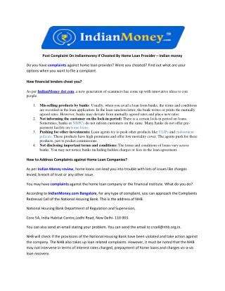 Post Complaint On Indianmoney If Cheated By Home Loan Provider – Indian money