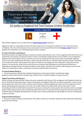 Sri Lanka vs England 3rd Test Fantasy Cricket Prediction