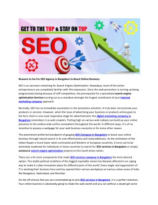 Reasons to Go For SEO Agency in Bangalore to Boost Online Business