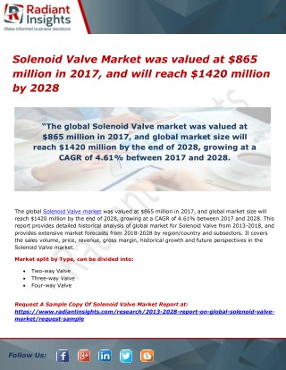 Solenoid Valve Market was valued at $865 million in 2017, and will reach $1420 million by 2028