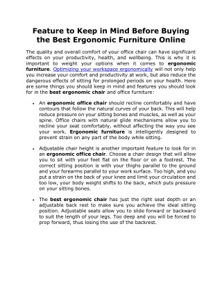 Feature to keep in Mind before Buying the Best Ergonomic Furniture Online