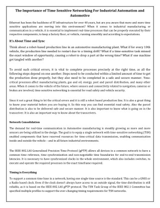 The Importance of Time Sensitive Networking For Industrial Automation and Automotive