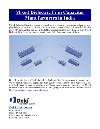 Mixed Dielectric Film Capacitor Manufacturers in India