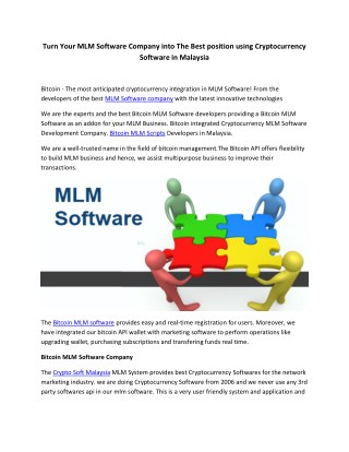 Turn Your MLM Software Company into The Best position using Cryptocurrency Software in Malaysia