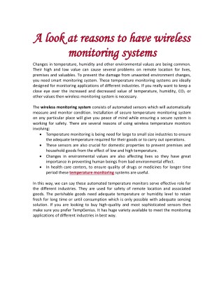 A look at reasons to have wireless monitoring systems