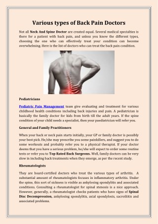 Various types of Back Pain Doctors