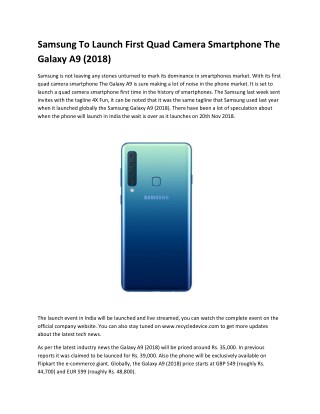 Samsung To Launch First Quad Camera Smartphone The Galaxy A9 (2018)