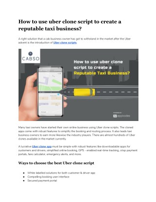 How to use uber clone script to create a reputable taxi business?