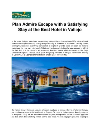 Plan Admire Escape with a Satisfying Stay at the Best Hotel in Vallejo
