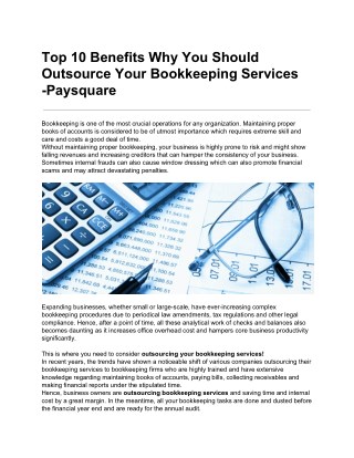 Top 10 Benefits Why You Should Outsource Your Bookkeeping Services -Paysquare