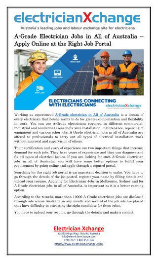 A-Grade Electrician Jobs in All of Australia – Apply Online at the Right Job Portal