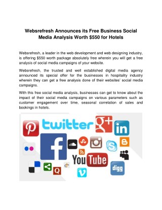 Websrefresh Announces its Free Business Social Media Analysis Worth $550 for Hotels