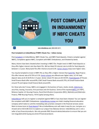 Post Complaint on IndianMoney If NBFC Cheats You – Indian money