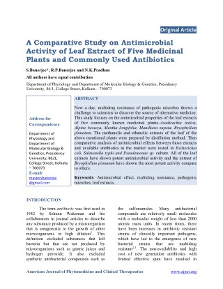 A Comparative Study on Antimicrobial Activity of Leaf Extract of Five Medicinal Plants and Commonly Used Antibiotics