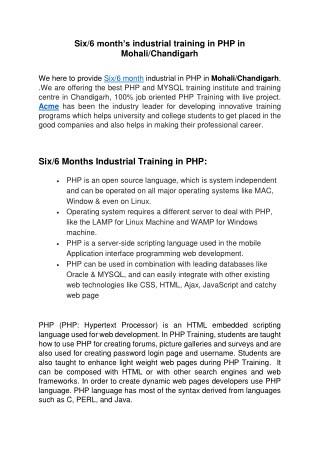 Six/6 months weeks industrial training in PHP | PHP Training in Mohali ,Chandigarh
