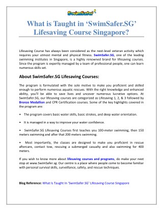 What is Taught in ‘SwimSafer.SG’ Lifesaving Course Singapore?