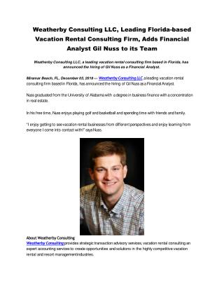 Weatherby Consulting LLC, Leading Florida-based Vacation Rental Consulting Firm, Adds Financial Analyst Gil Nuss to its