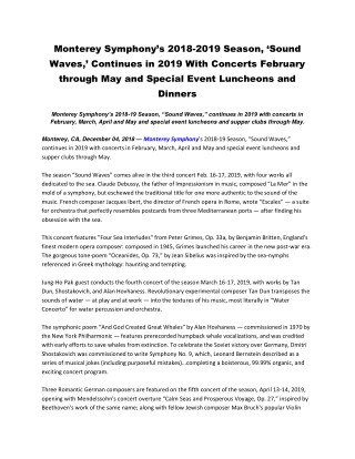 Monterey Symphony’s 2018-2019 Season, ‘Sound Waves,’ Continues in 2019 With Concerts February Through May and Special Ev