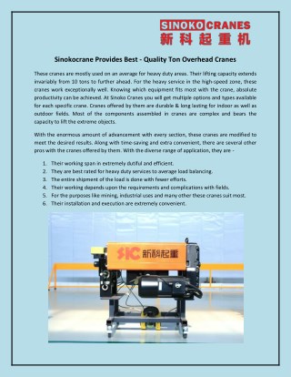 Sinokocrane Provides Best - Quality Ton Overhead Cranes