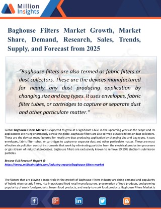 Baghouse Filters Market Material Type, Application and End-User Industry - Global Opportunity Analysis and Industry Fore