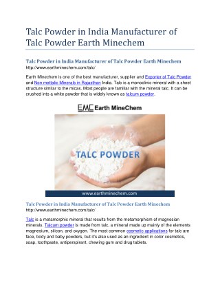 Talc Powder in India Manufacturer of Talc Powder Earth Minechem