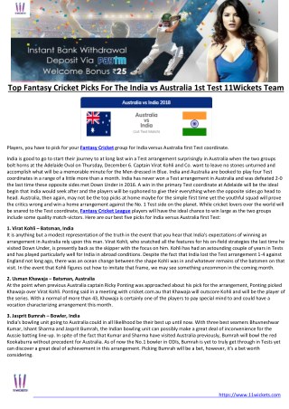 Top Fantasy Cricket Picks For The India vs Australia 1st Test 11Wickets Team