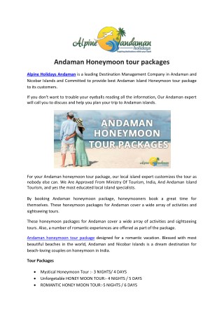 Andaman Honeymoon tour packages