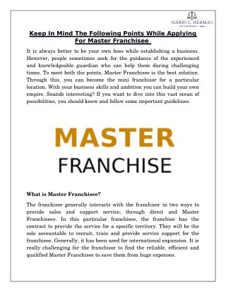 Keep In Mind The Following Points While Applying For Master Franchisee