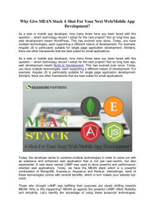 Why Give MEAN Stack A Shot For Your Next Web/Mobile App Development? | Seashore Partners