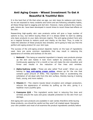 Anti Aging Cream - Wisest Investment To Get A Beautiful & Youthful Skin