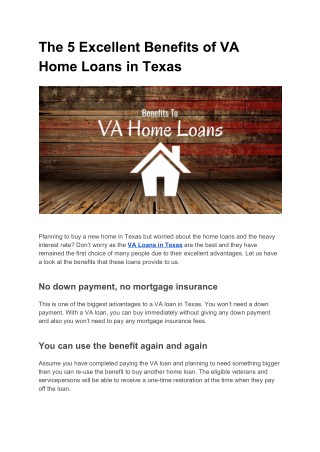 The 5 Excellent Benefits of VA Home Loans in Texas