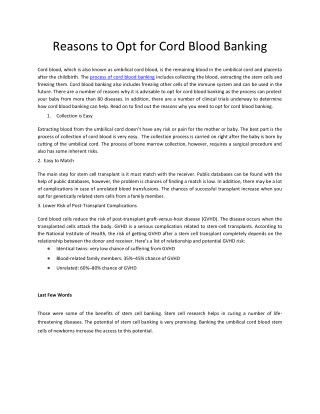 Reasons to Opt for Cord Blood Banking