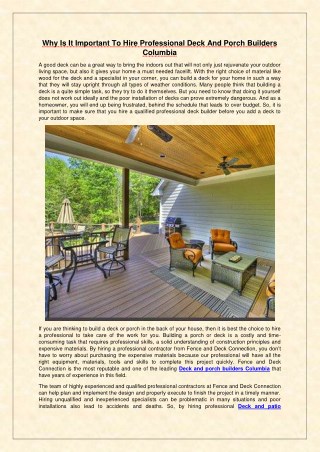 Why Is It Important To Hire Professional Deck And Porch Builders Columbia