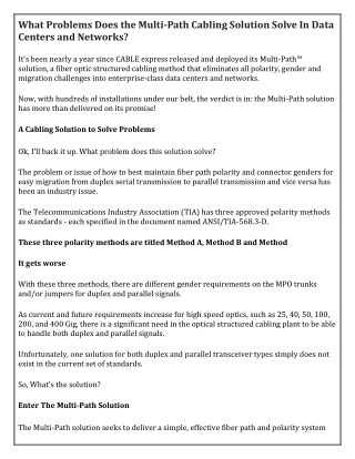 What Problems Does the Multi-Path Cabling Solution Solve In Data Centers and Networks?