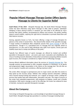 Popular Miami Massage Therapy Center Offers Sports Massage to Clients for Superior Relief