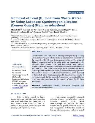 Removal of Lead (II) Ions from Waste Water by Using Lebanese Cymbopogon citratus (Lemon Grass) Stem as Adsorbent