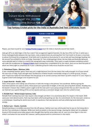Top Fantasy Cricket picks for the India vs Australia 2nd Test 11Wickets Team